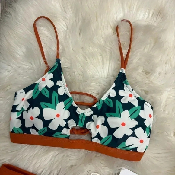 NWT cupshe orange teal green floral high waist bikini sz small - Picture 3 of 7